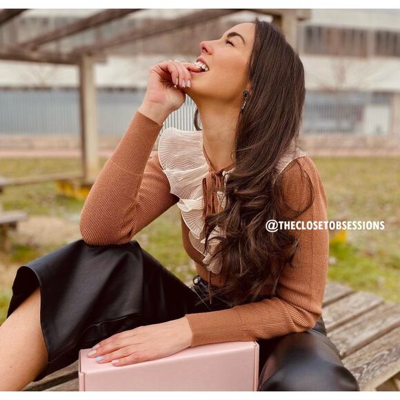 ZARA Knit Top with Ruffle Tie NWT | Brown Long Sleeve Contrast Collar M - Picture 13 of 16